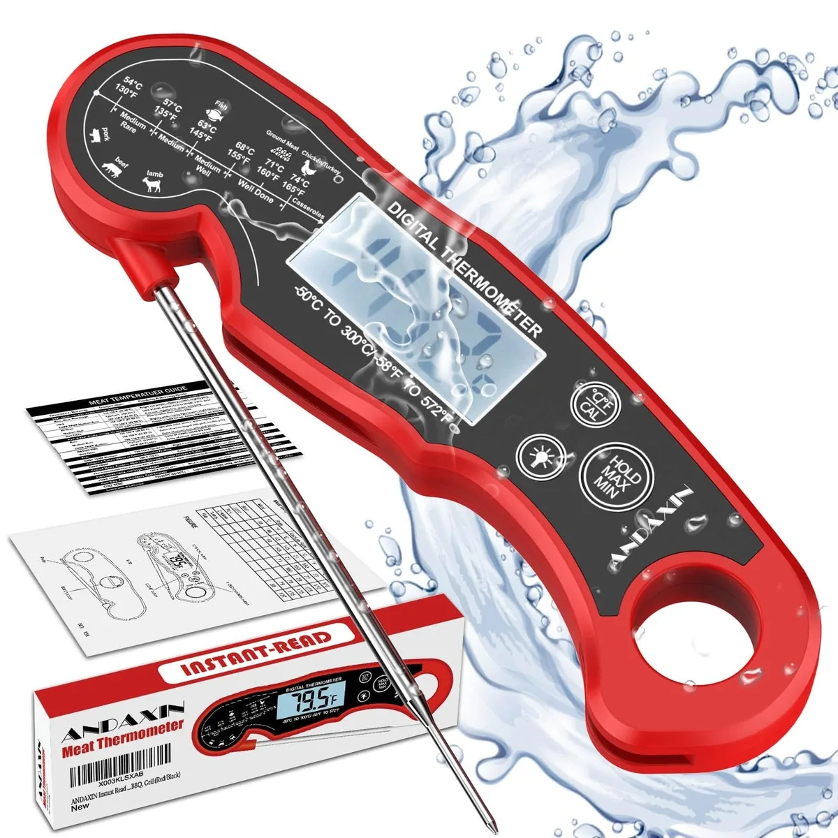 Red and black waterproof digital thermometer with folding probe