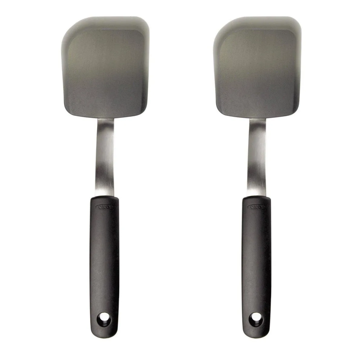 Two grey silicone spatulas with angled handles and rounded corners