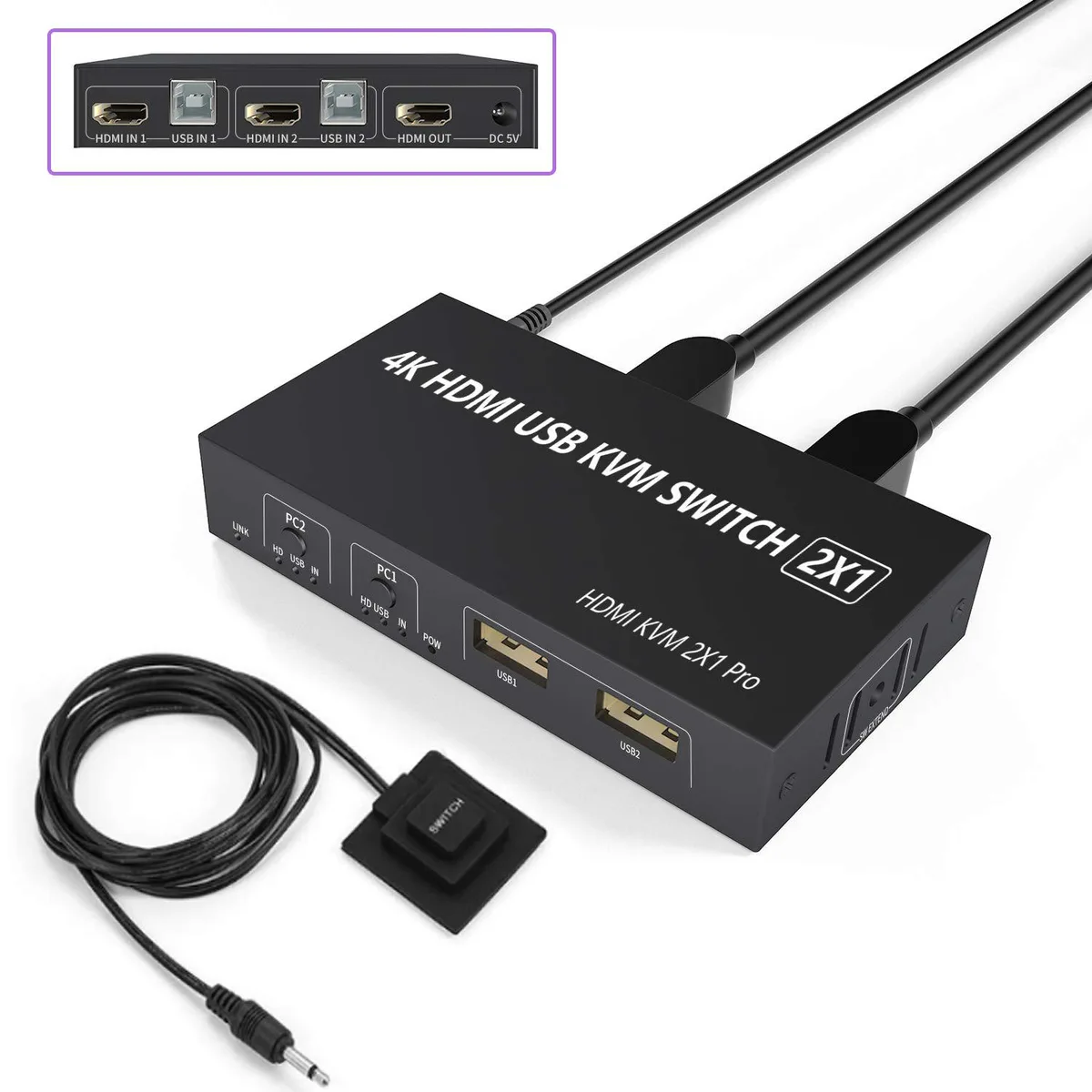 SMA SMA 2 Port HDMI KVM Switch 4K@30Hz USB 2.0 with Remote — product photo