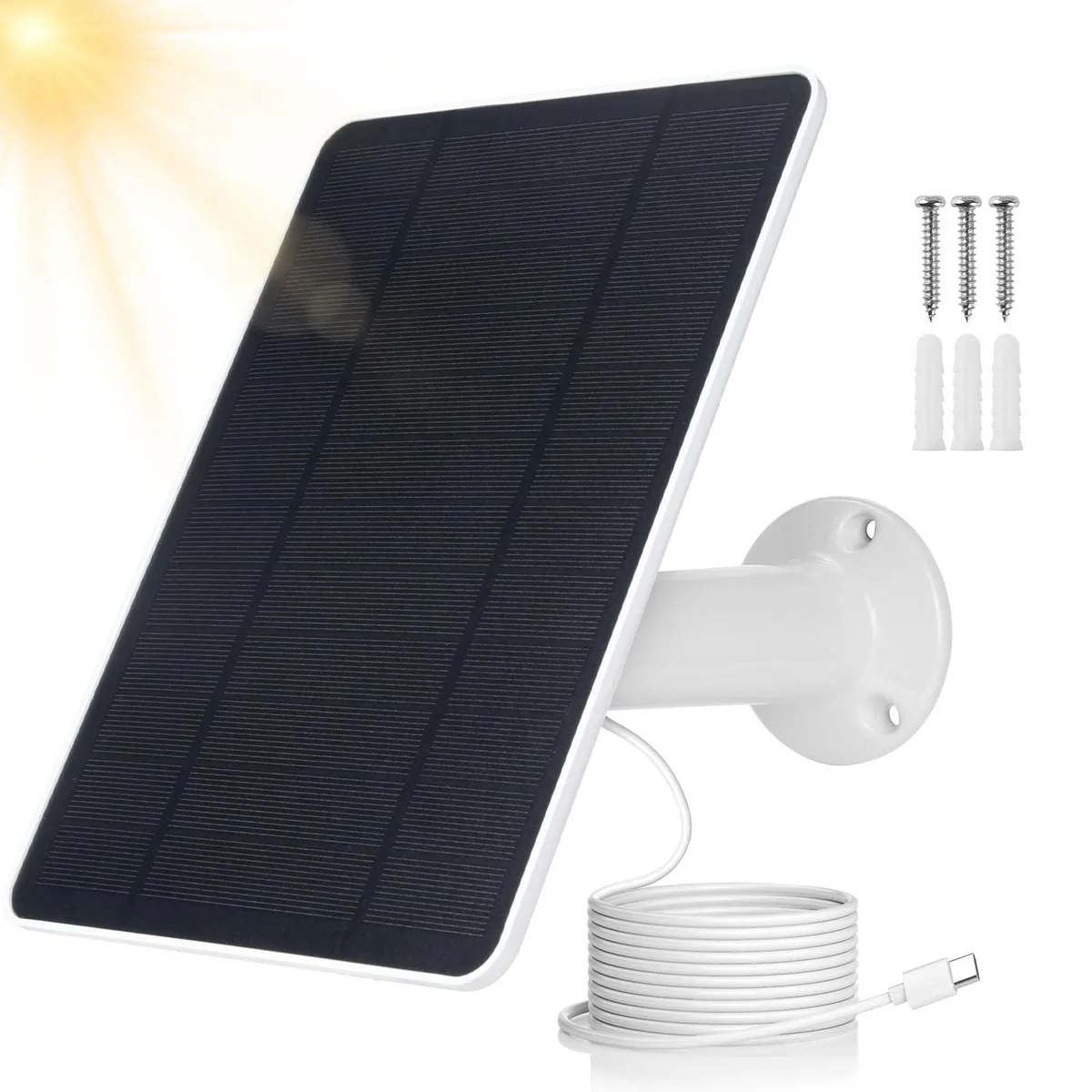 White rectangular solar panel with USB-C cable and adjustable wall mount