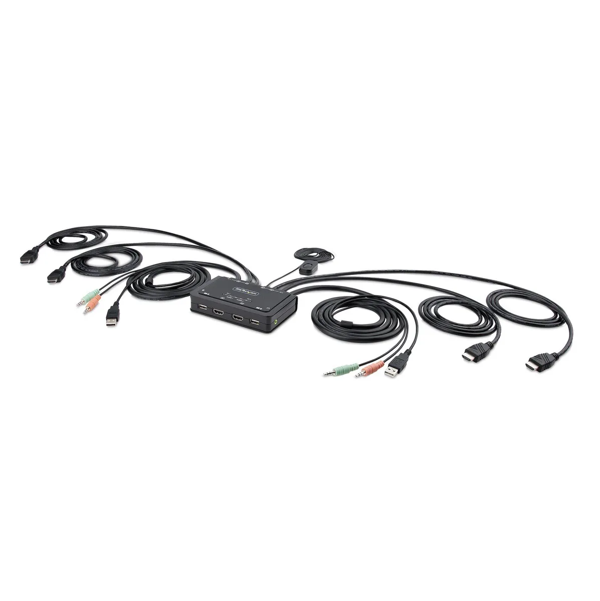 Compact black KVM switch with integrated cables, dual monitor support