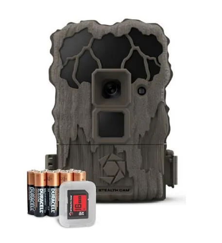 Camouflage rectangular trail camera with dark front panel and 24 black LEDs