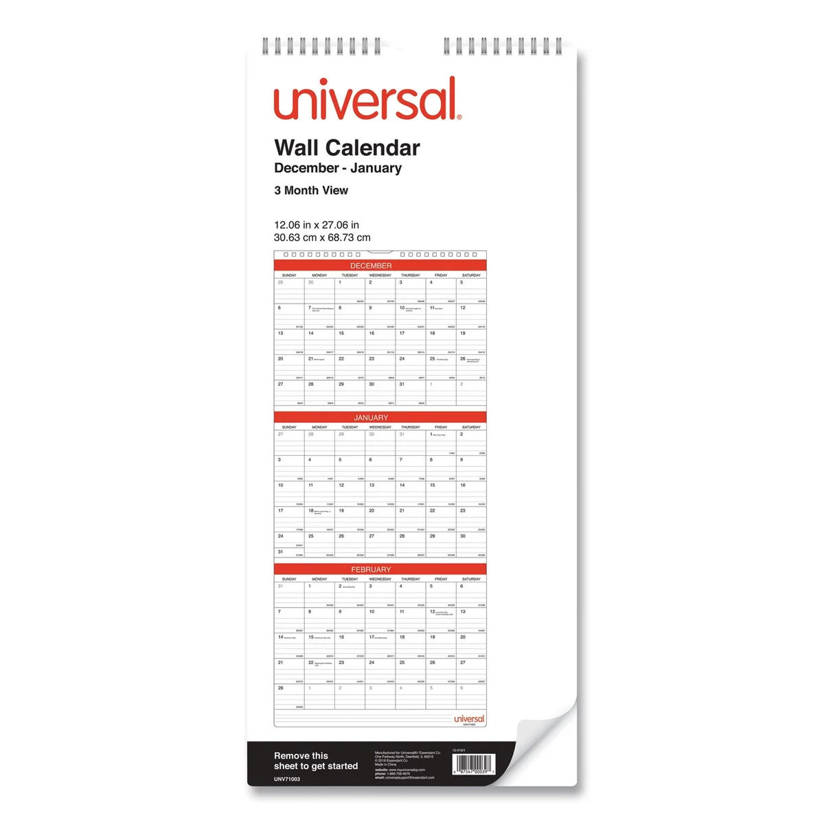 UNIVERSAL OFFICE PRODUCTS UNIVERSAL OFFICE PRODUCTS 71003 Three-Month Wall Calendar 12 x 27 2024-2026 — product photo