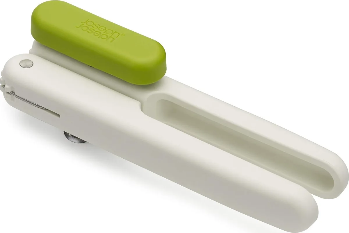 White manual can opener with rotating handle, stainless steel parts, compact size