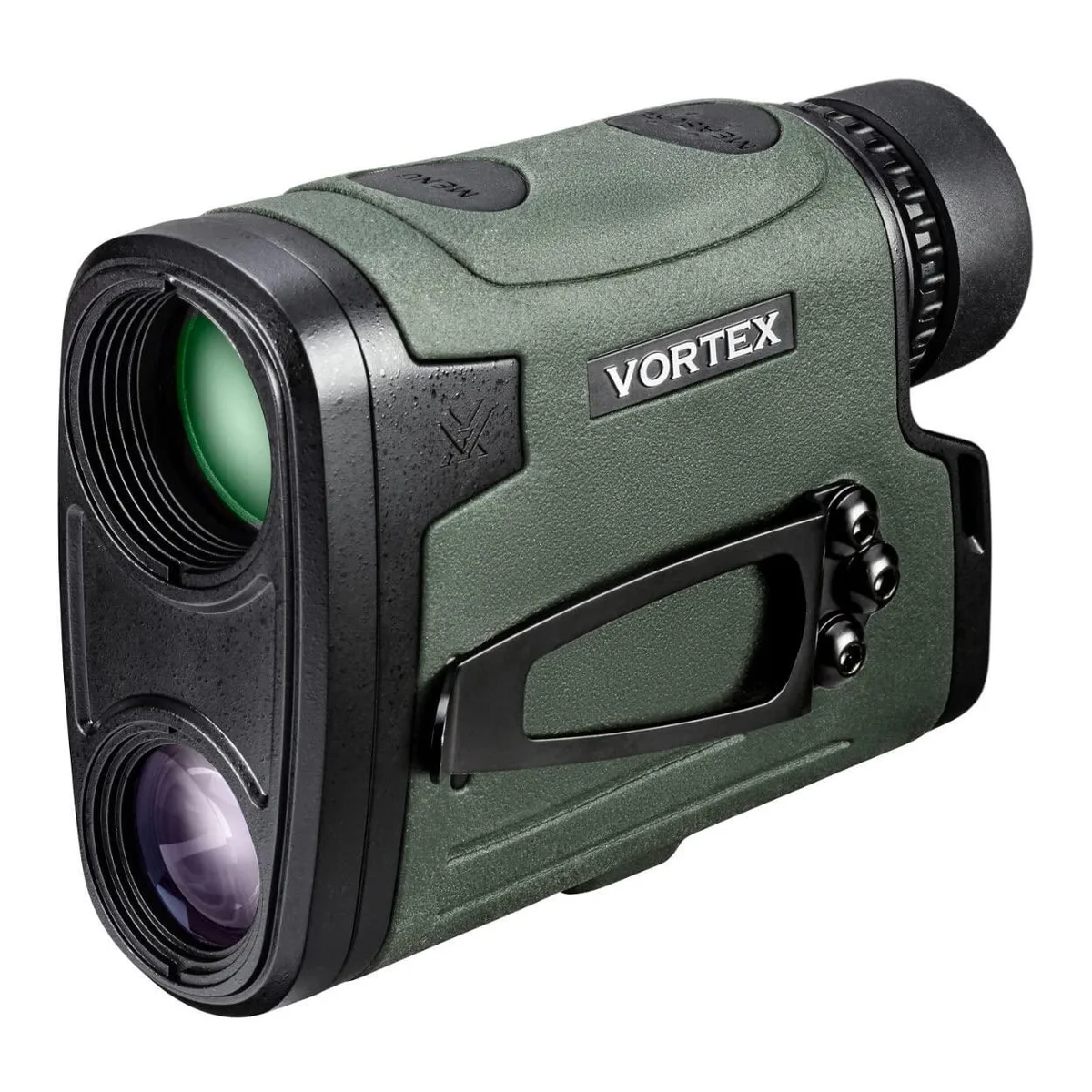 Compact black laser rangefinder with rubber armour and red OLED display, 4.2 by 1.7 by 3.1 inches