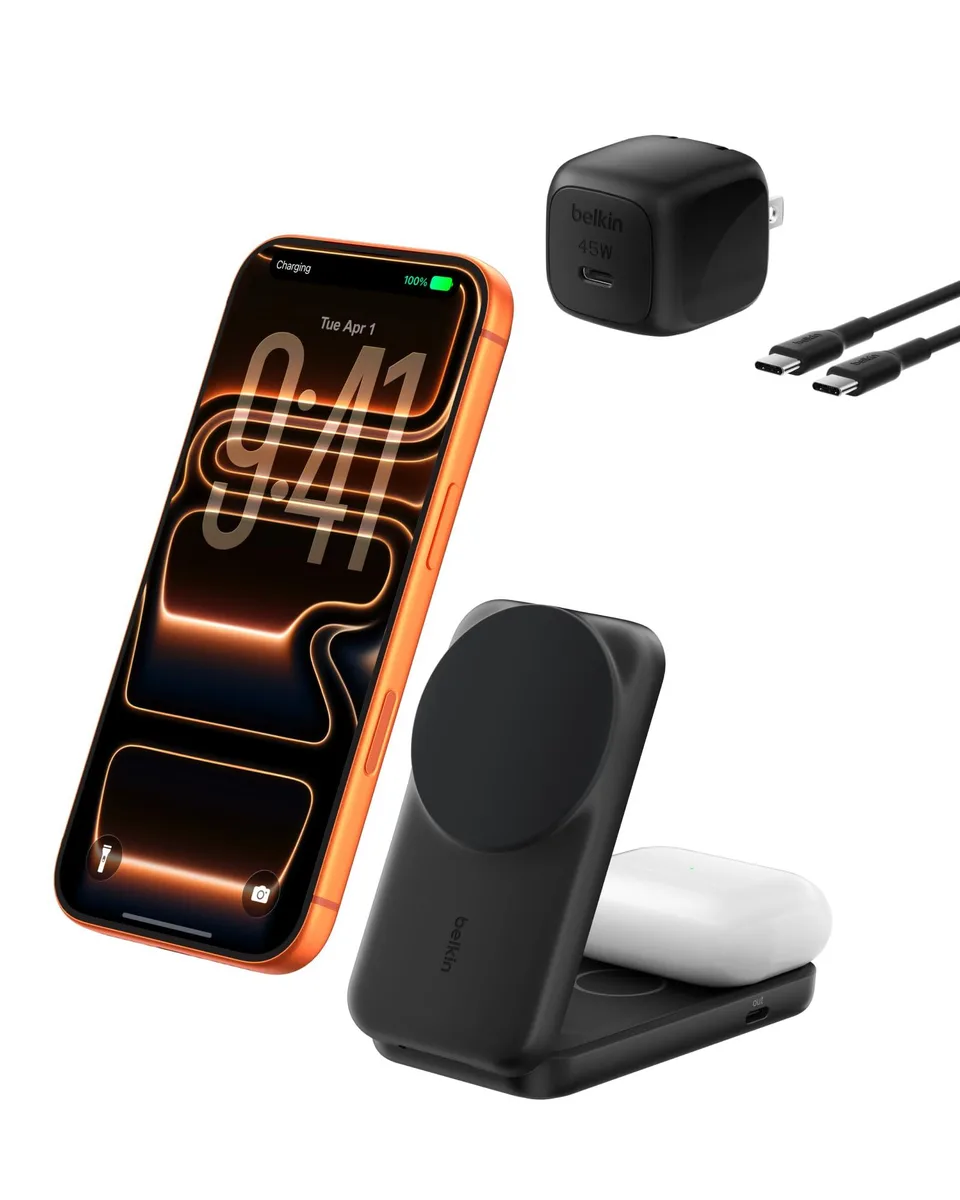 Foldable 2-in-1 wireless charger with magnetic phone pad, AirPods spot and USB-C port, soft-touch silicone finish