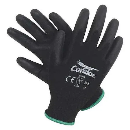 Pair of seamless knit gloves with smooth polyurethane palm coating in grey and white