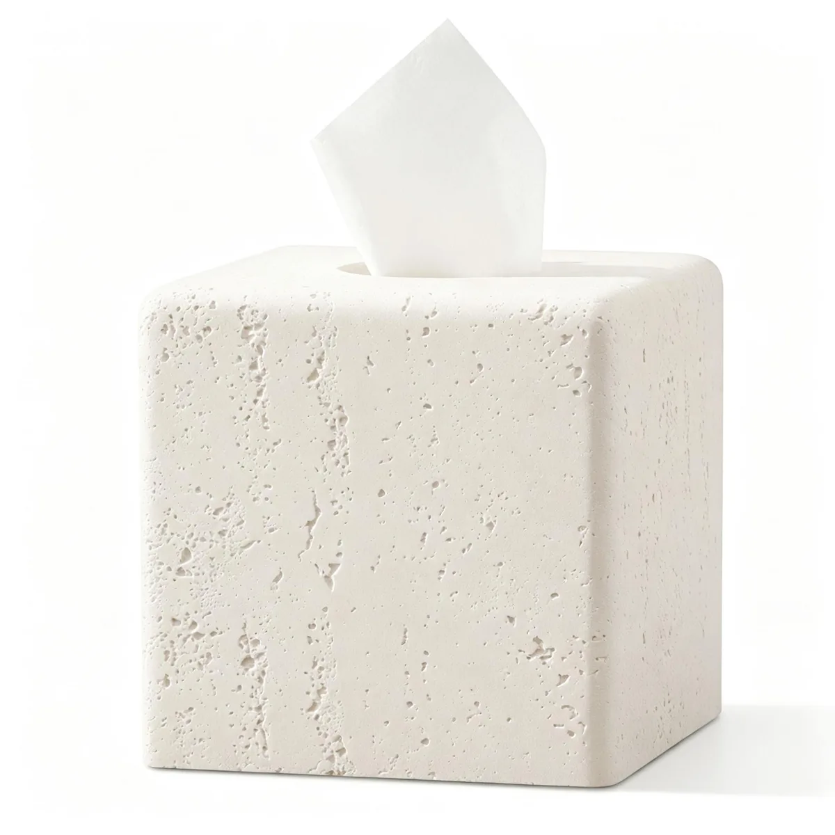 Square off-white resin tissue box cover with travertine stone look, 5.67 by 5.67 by 5.51 inches