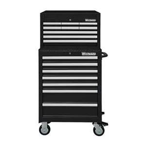 Black 26-inch wide steel tool chest cabinet combination with 16 drawers and gas lift lid