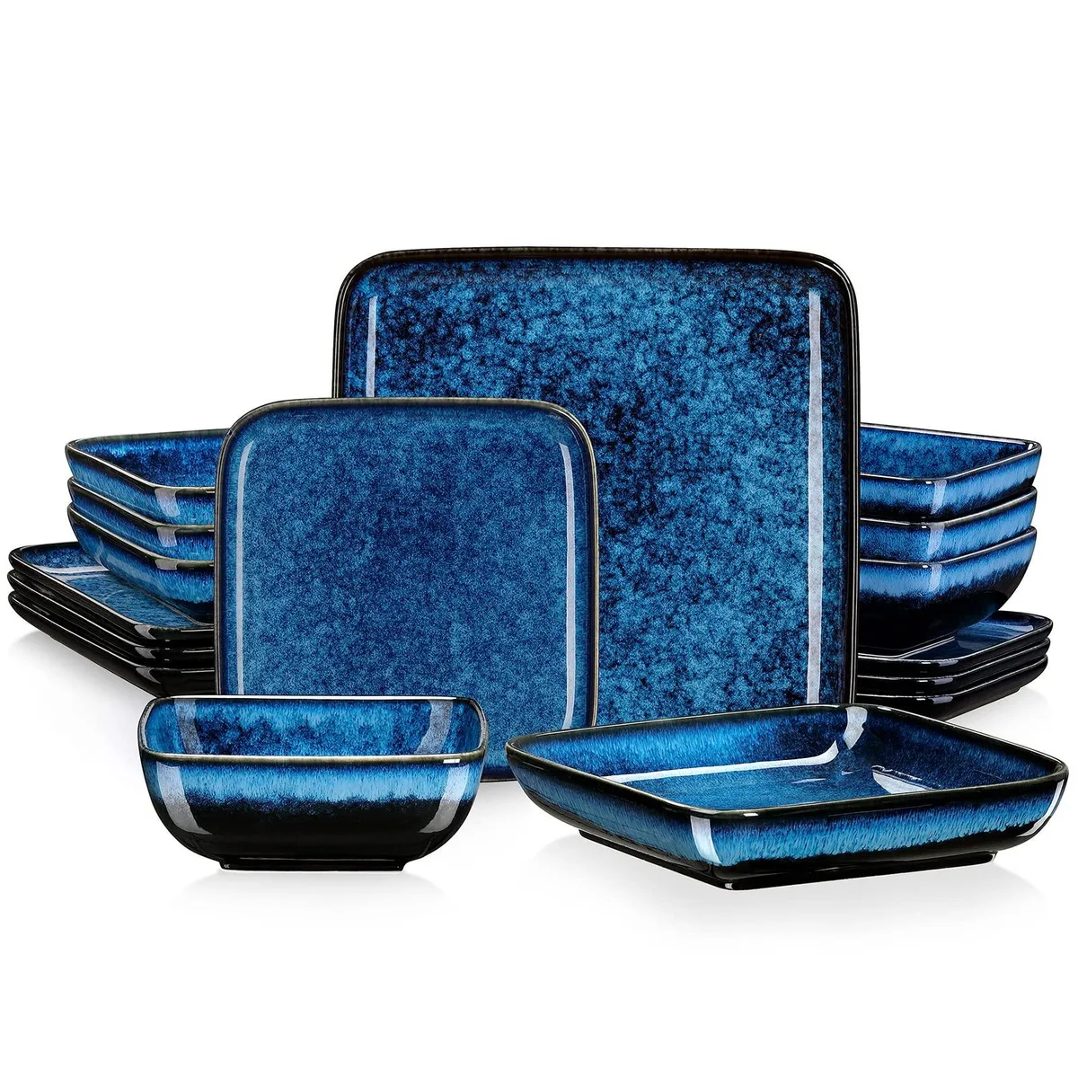 Square blue ceramic dinnerware set with star pattern, sixteen pieces in reactive glaze finish