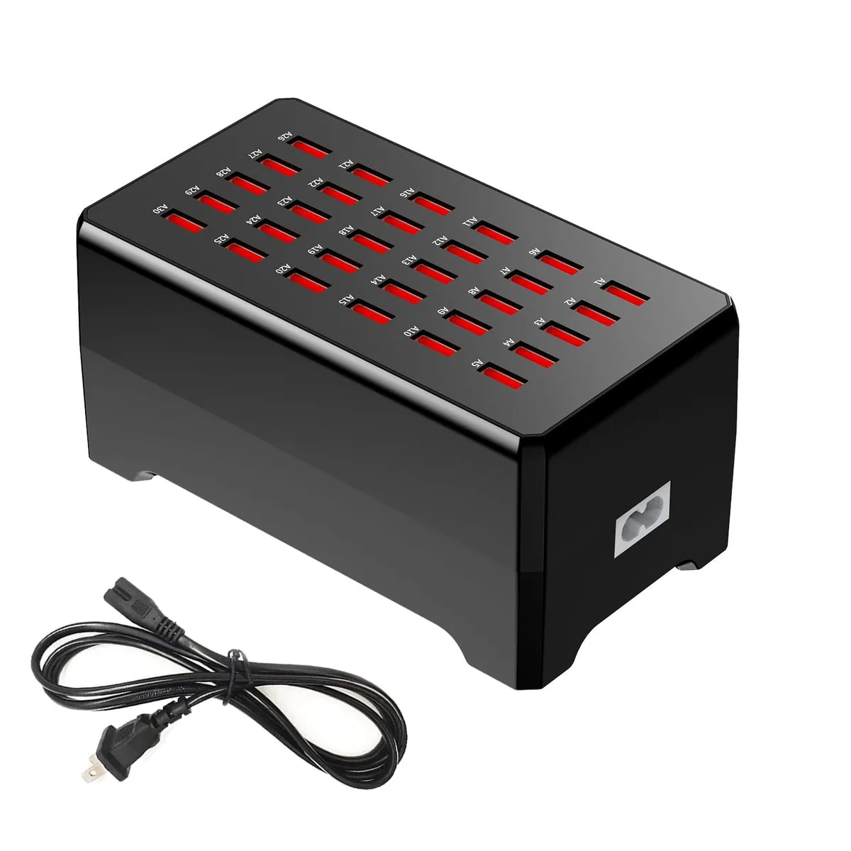 Black rectangular 30-port USB charging station with multiple Type-A ports