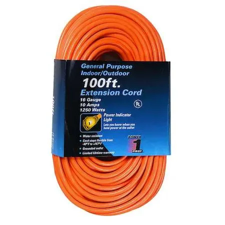 Bright orange round extension cord coiled, lighted single outlet end visible