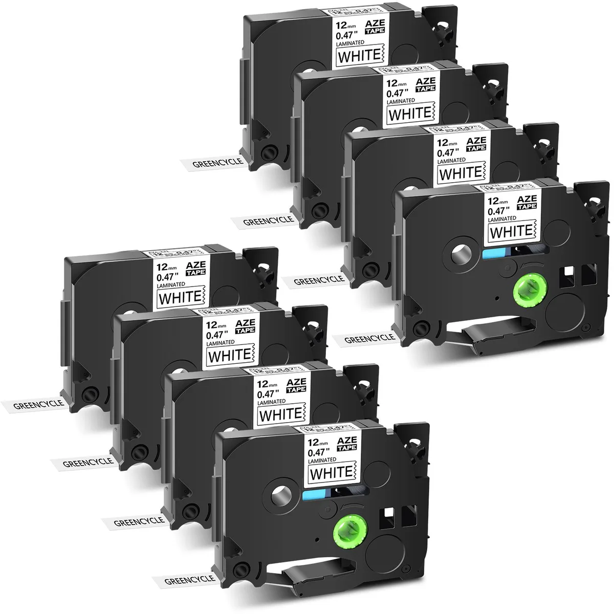 GREENCYCLE GREENCYCLE AZE-231 12mm Black on White label 8 pack — product photo