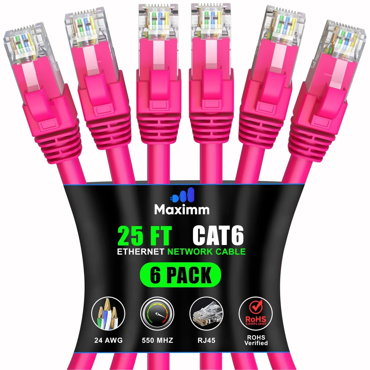 maximm maximm Cat 6 Ethernet Cable 25 ft 6-Pack Pink 2 in 1 accessory — product photo