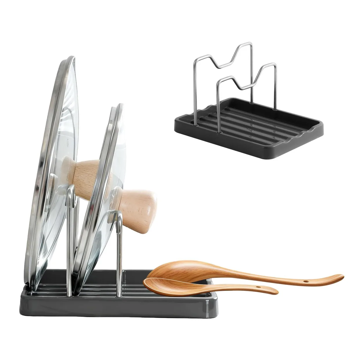 Red two-tier pot lid holder and spoon rest with stainless steel supports on round plastic base