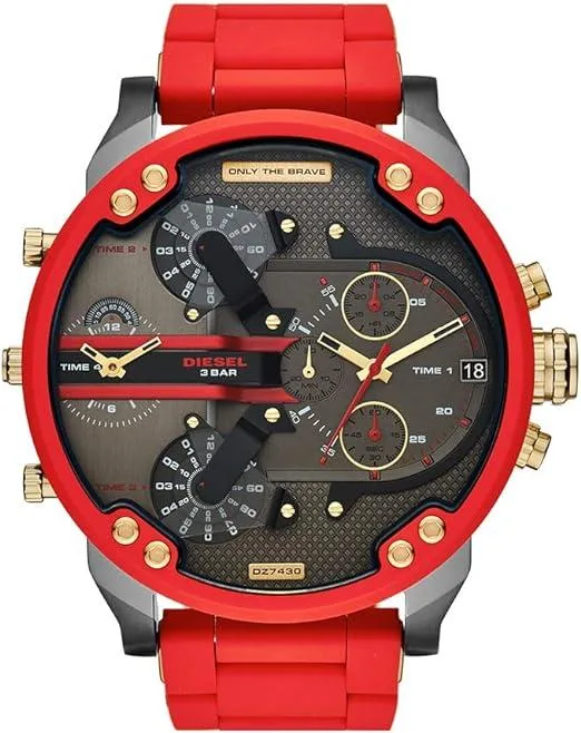 Oversized 57mm gray dial chronograph watch with red silicone and stainless steel bracelet