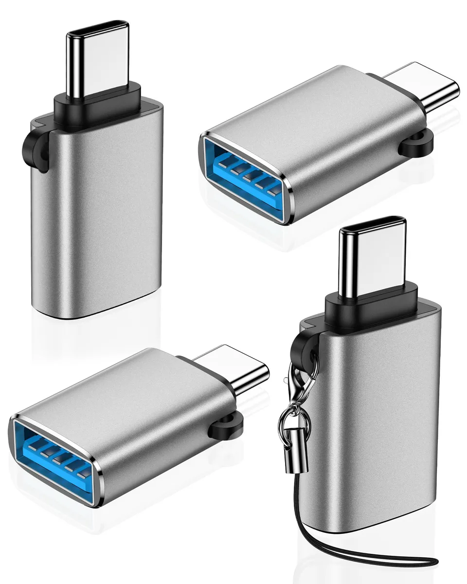 Four silver USB-C to USB-A adapters with braided lanyards