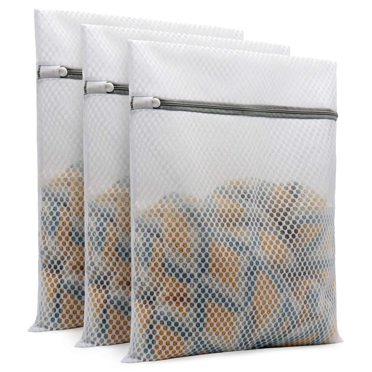 Three beige honeycomb mesh laundry bags 12x16 inches with zippers