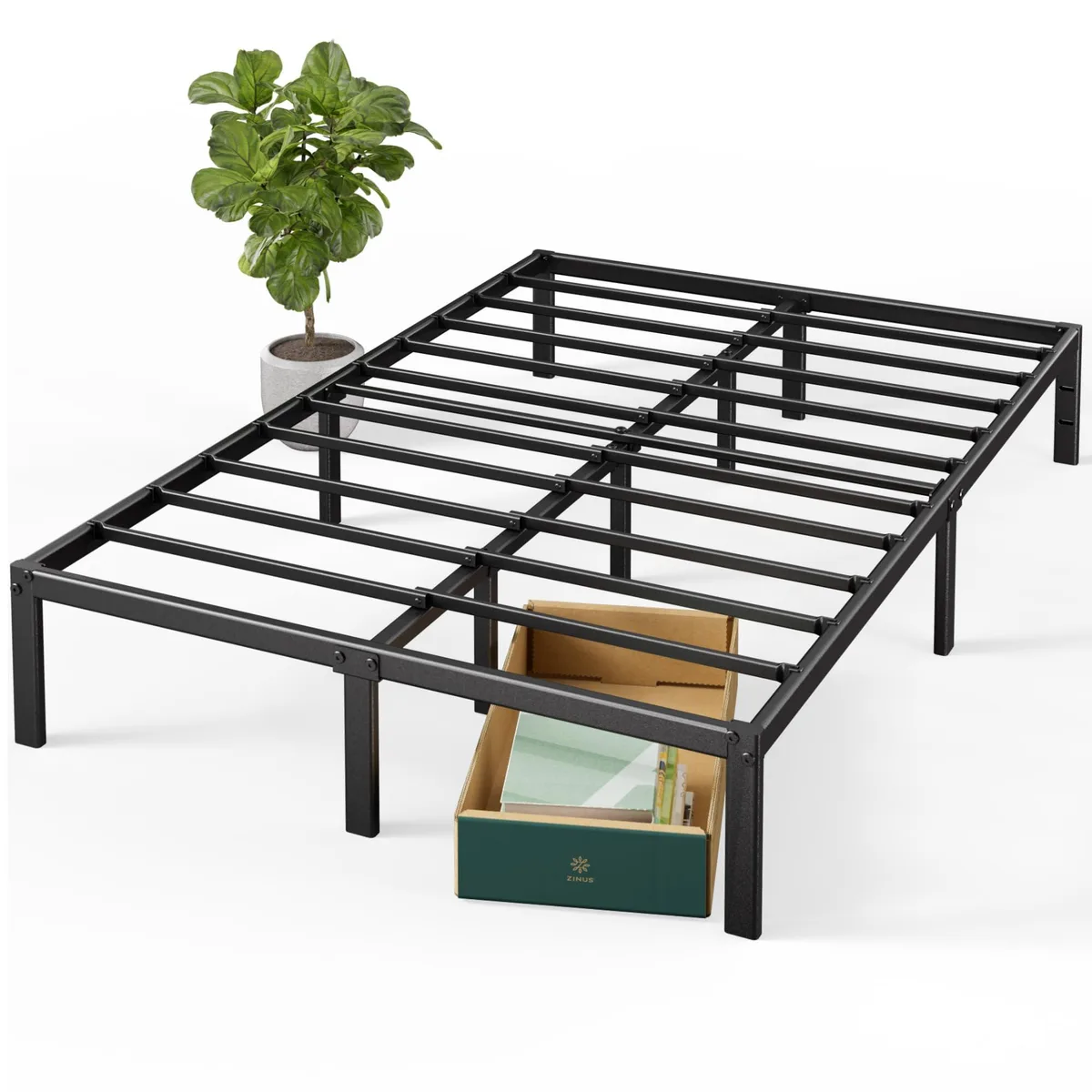 Black painted steel platform bed frame full size 14 inch profile with slatted base