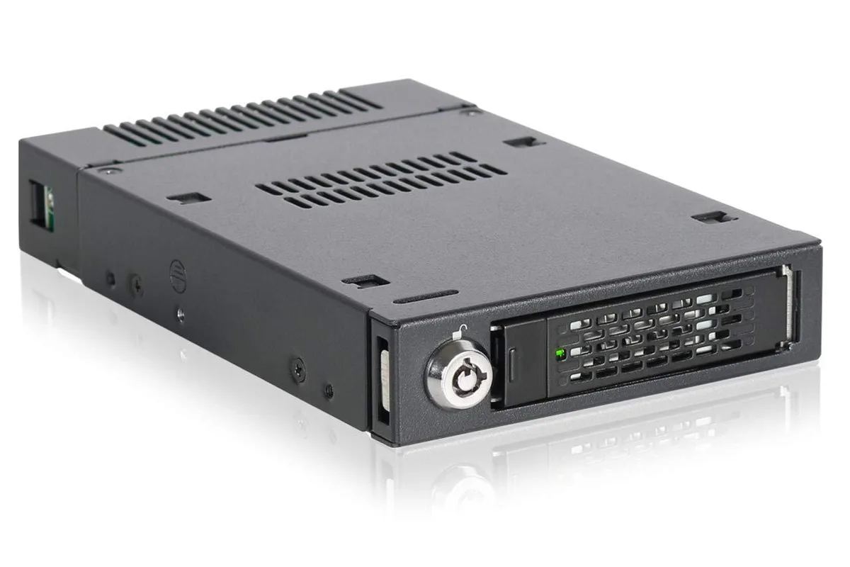 Black metal enclosure with sliding tray for M.2 NVMe SSD, fits 3.5 inch drive bay