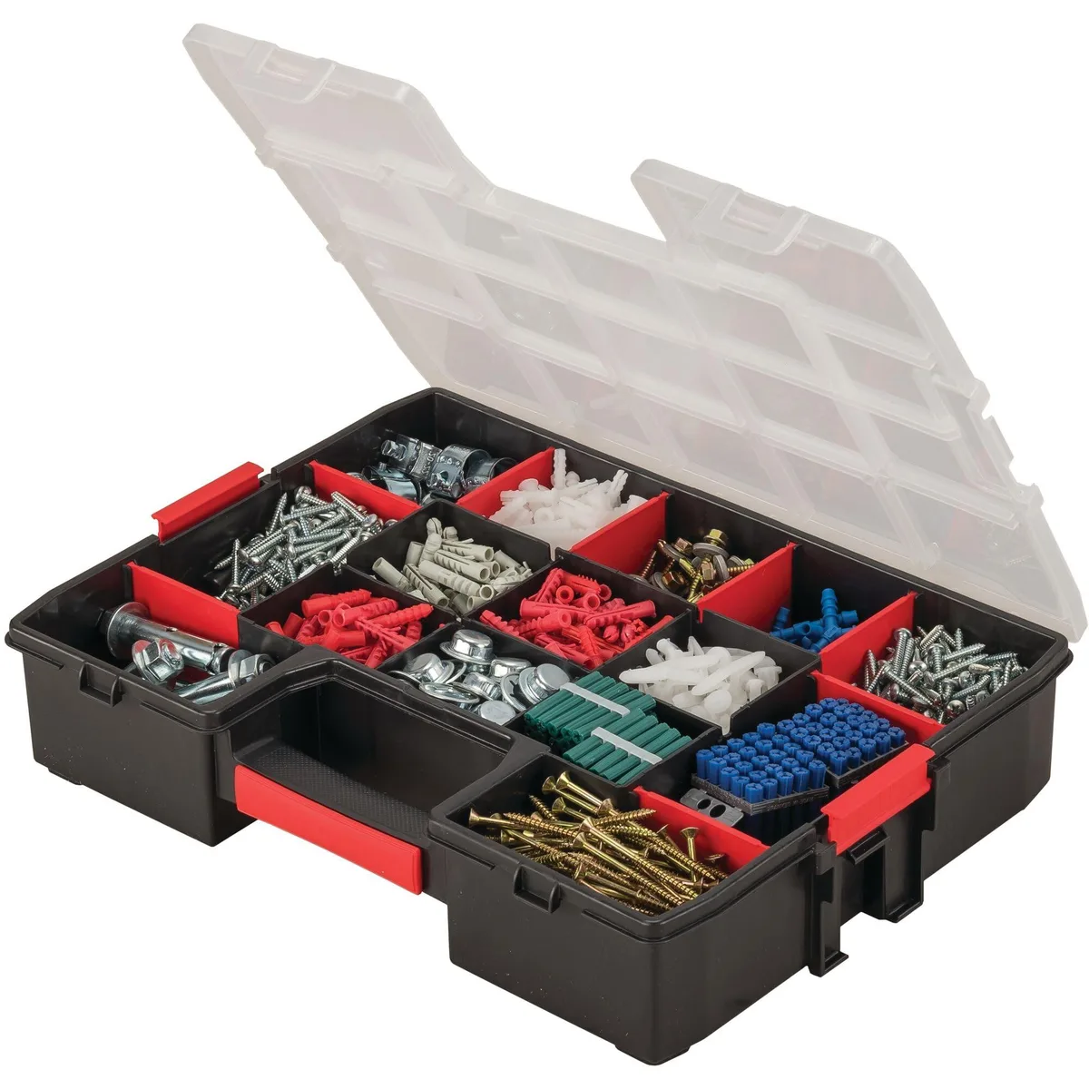 Clear plastic tool organiser with fifteen compartments and side latches, twelve pack