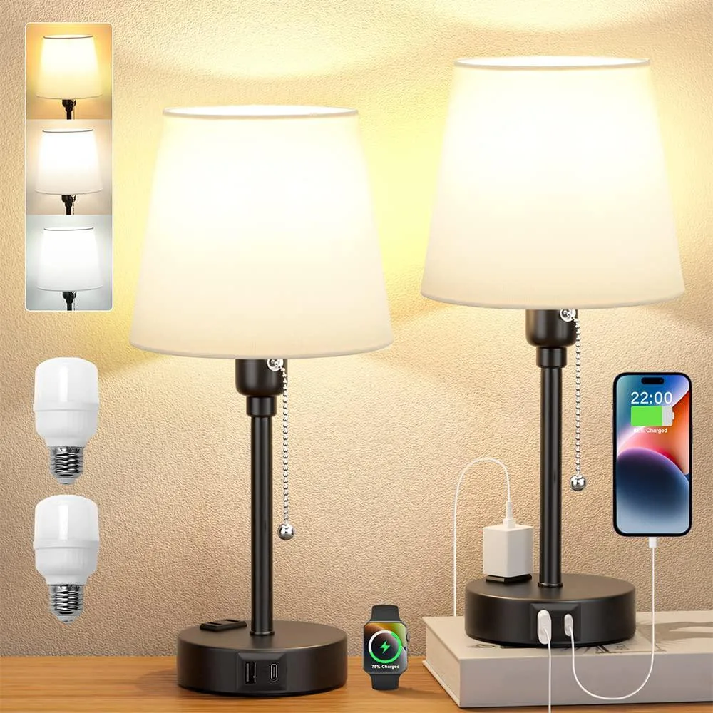 Two white table lamps with black bases, pull chains and built-in USB C+A AC ports
