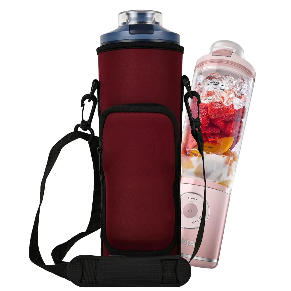 Neoprene sleeve for portable blender with shoulder strap and front pocket