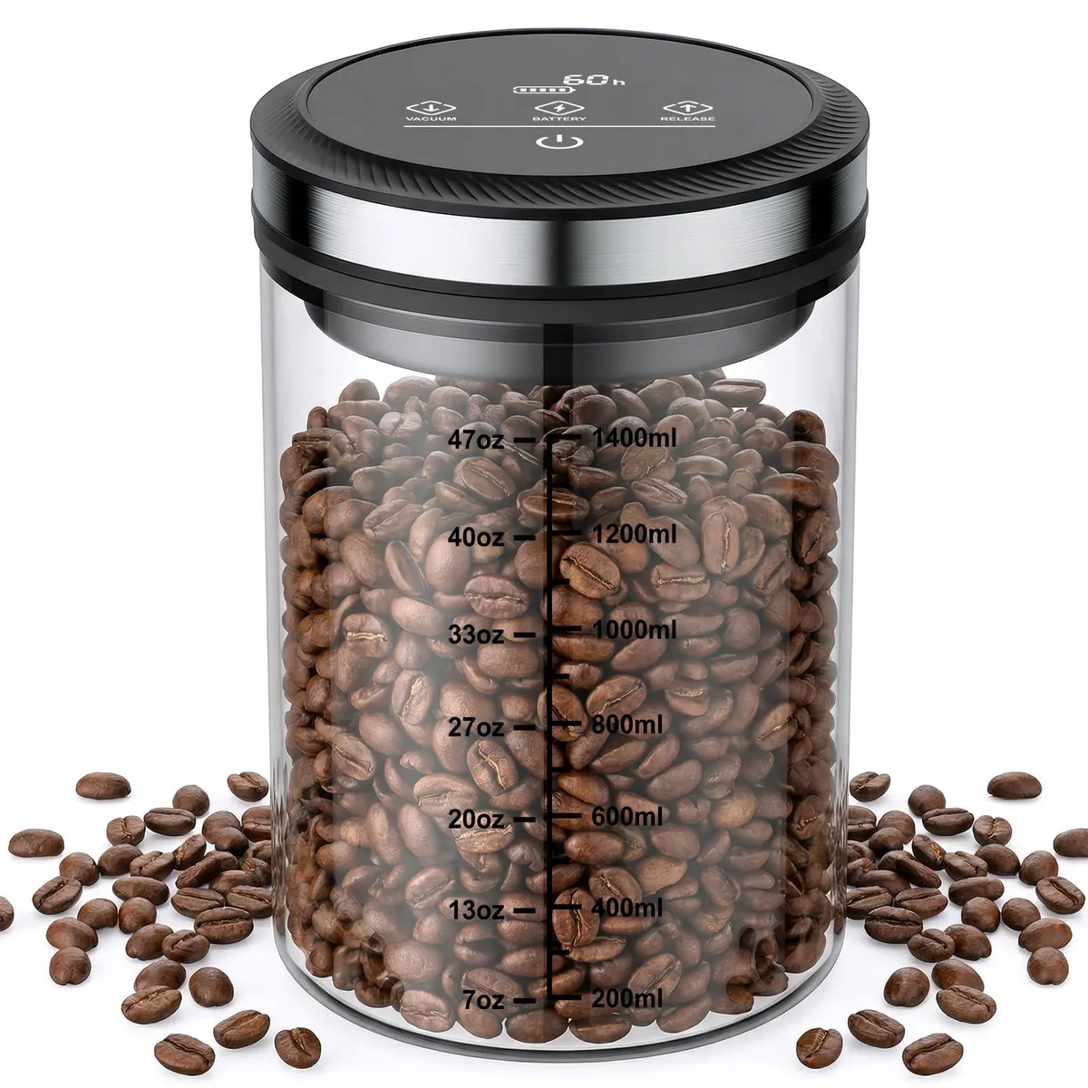 Black borosilicate glass vacuum canister with digital display, 1.6L capacity
