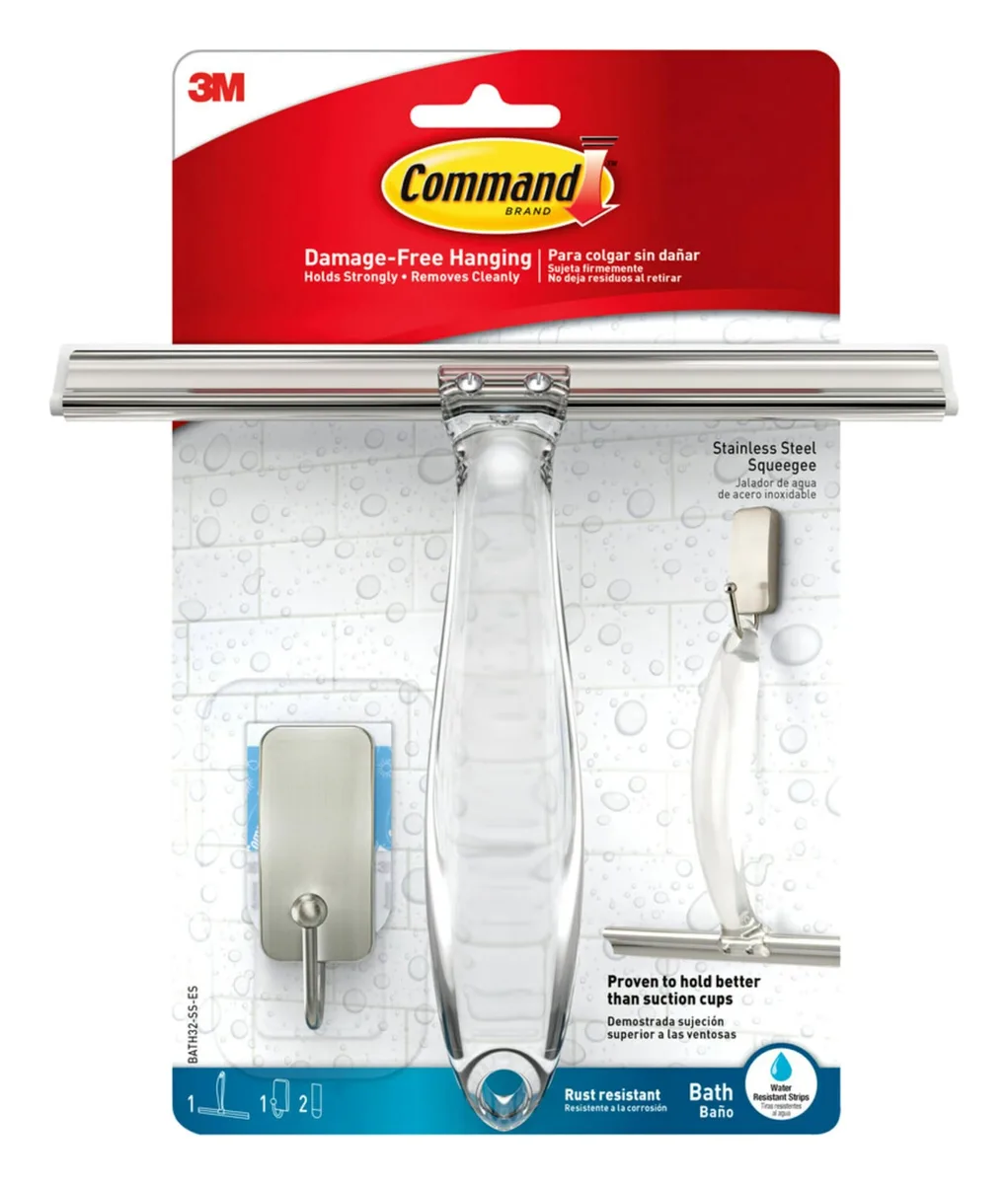 Satin nickel triangular squeegee with adhesive hook and strips