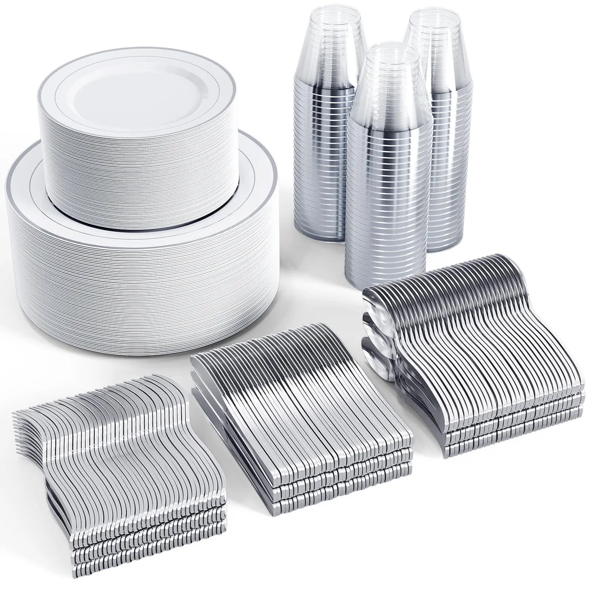 Silver disposable dinnerware set for 100 guests with plates cups and cutlery