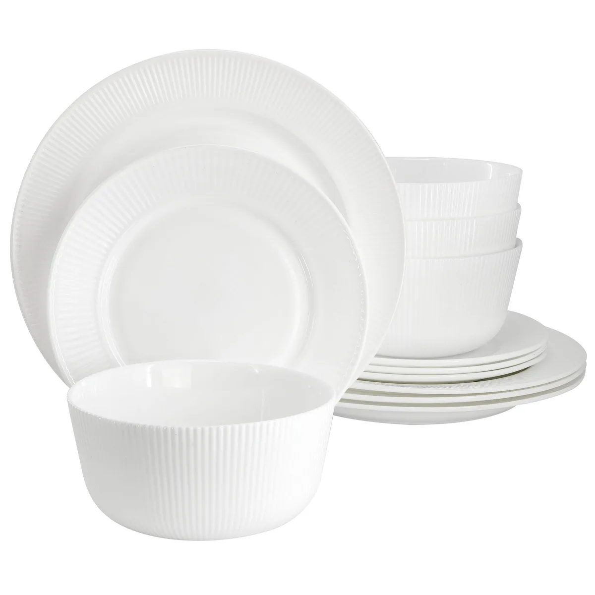 White 12-piece opal glass dinnerware set with embossed stripe design