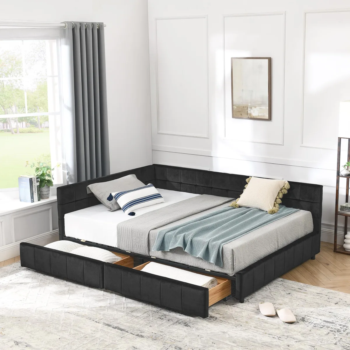 Black velvet full size tufted daybed with backrest armrest and double drawers 80.5 by 59 by 29.5 inches