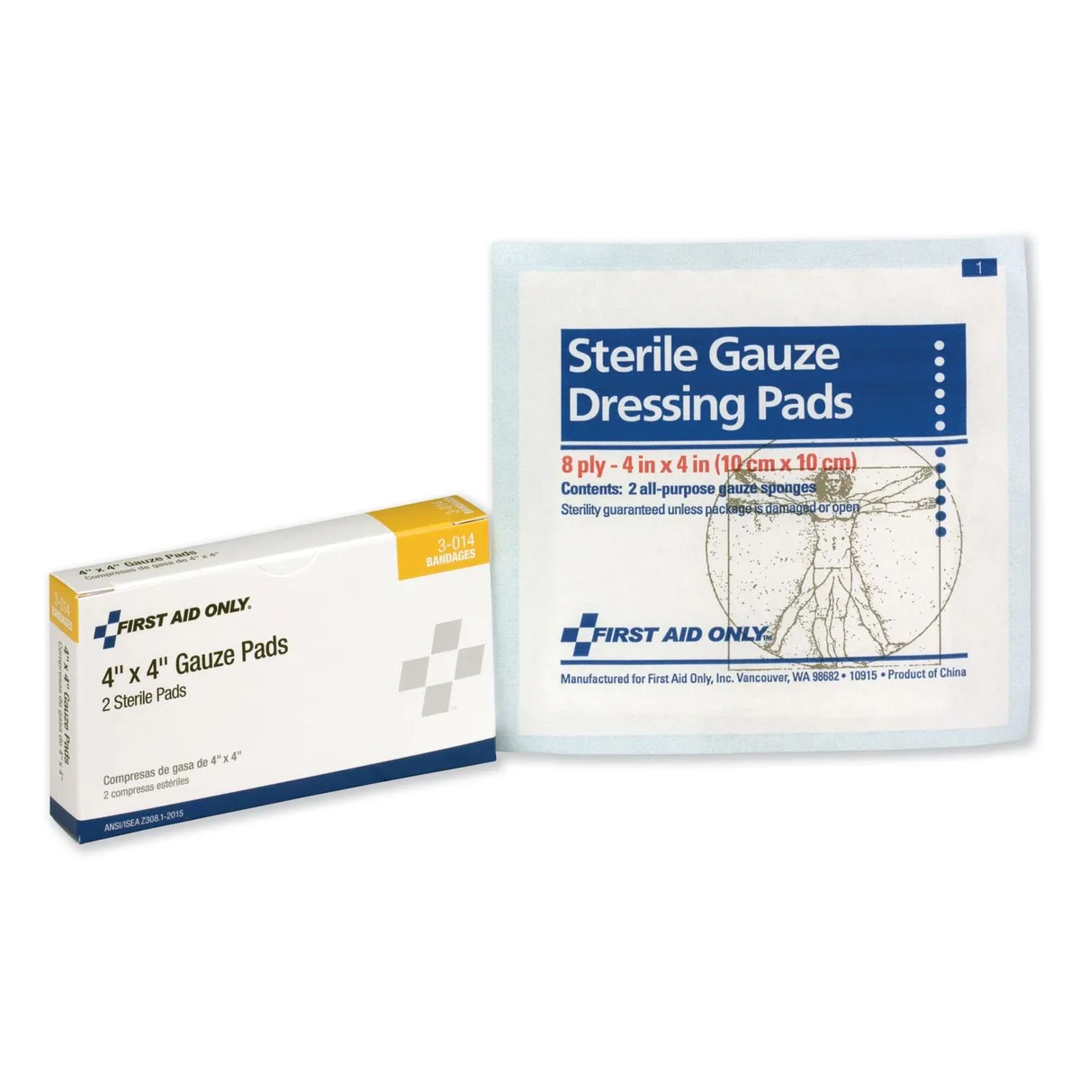 White cardboard box containing two sterile gauze pads