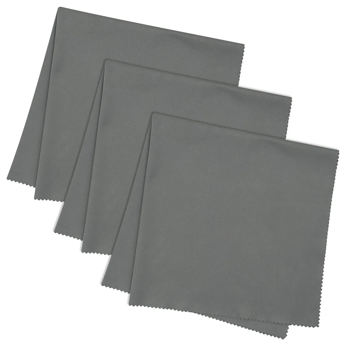 Three dark grey microfiber cloths folded in stack