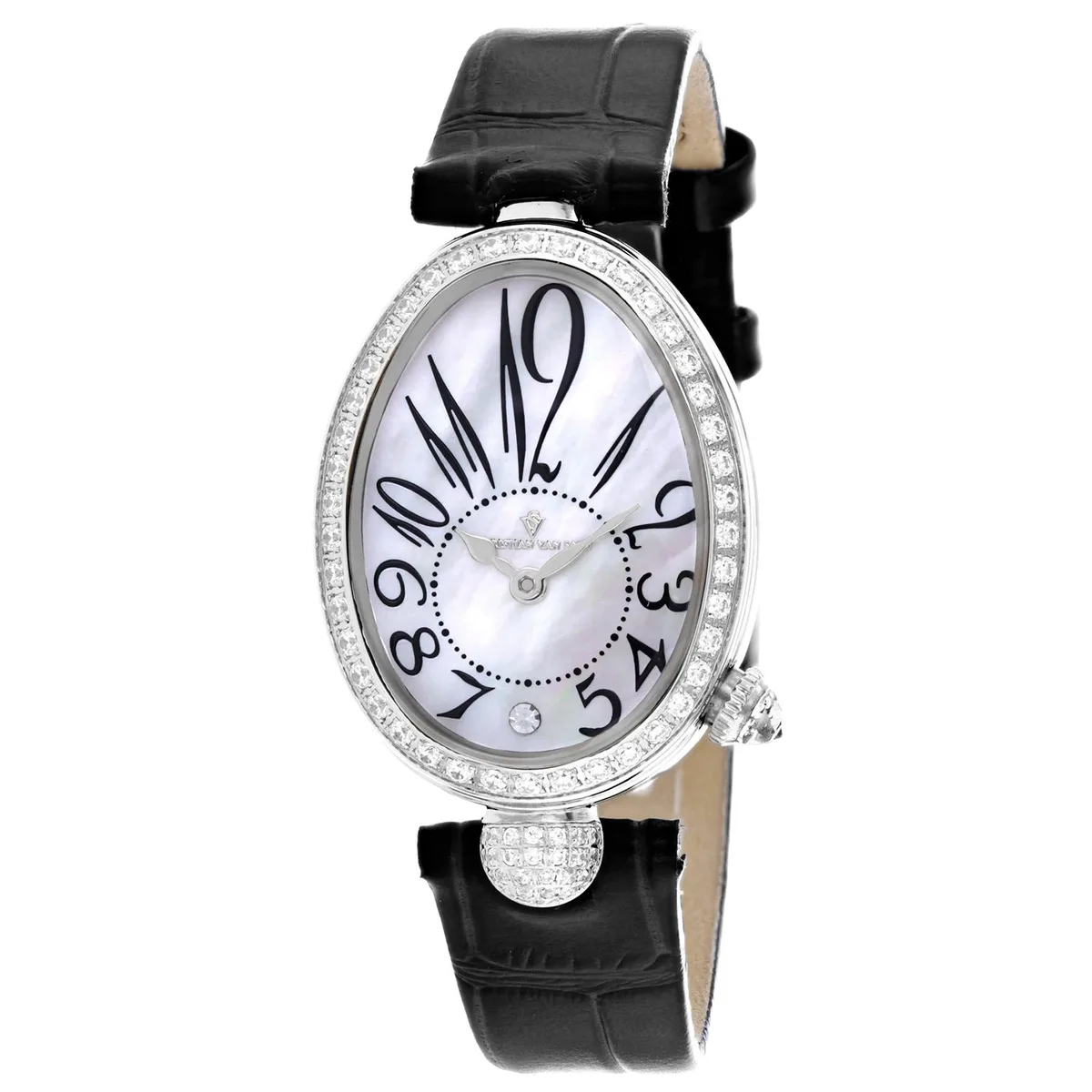 Silver stainless steel watch with white mother-of-pearl dial and leather strap