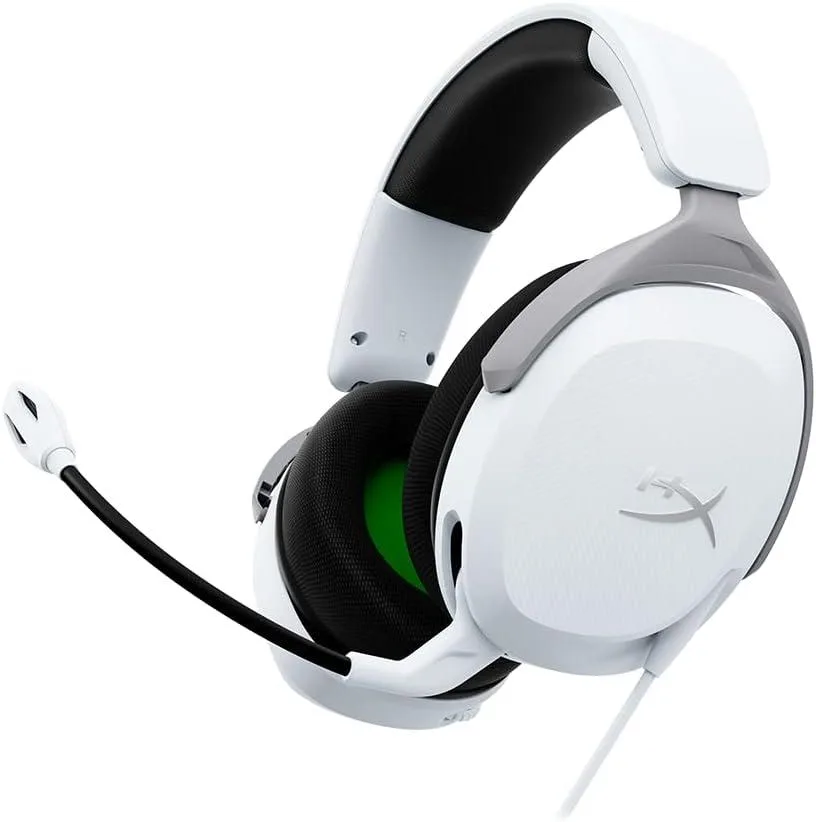 White over-ear wired headset with flexible boom mic and inline volume control