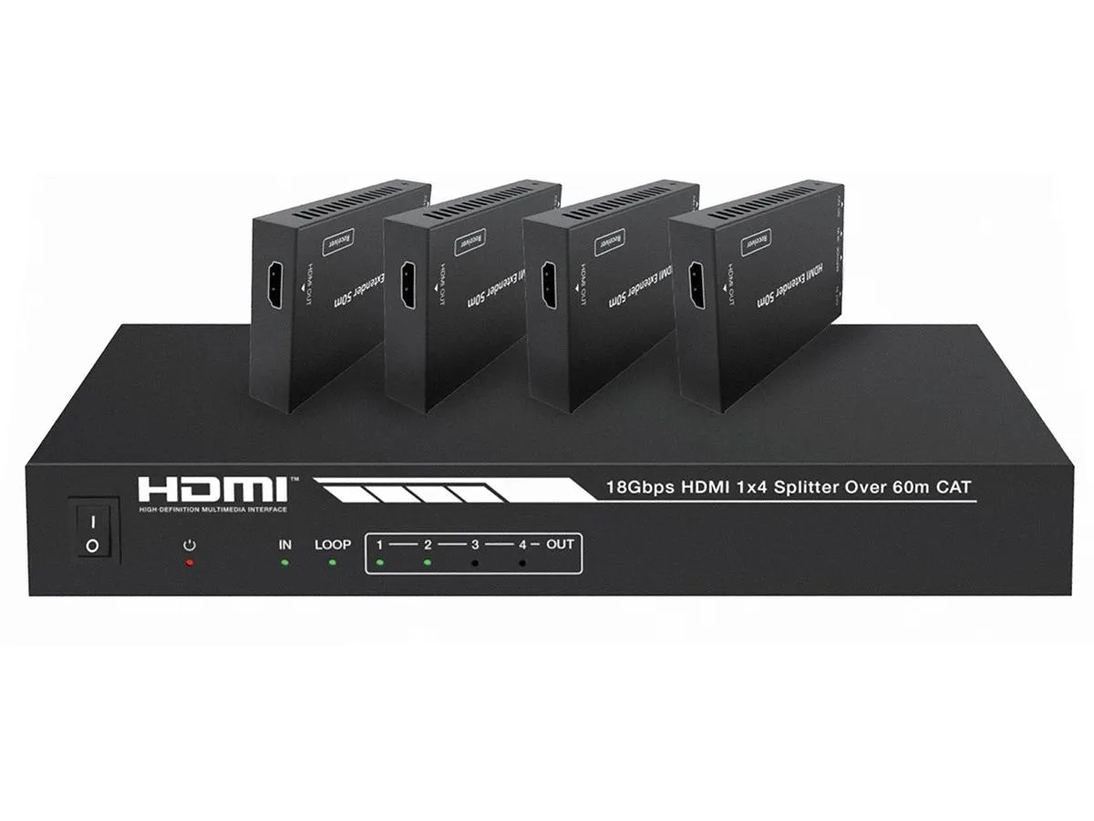 Monoprice Inc. Monoprice Inc. 142271 1x4 HDMI 2.0 video splitter extender kit 4K 60Hz 60m Cat7 PoC 4 receivers — product photo