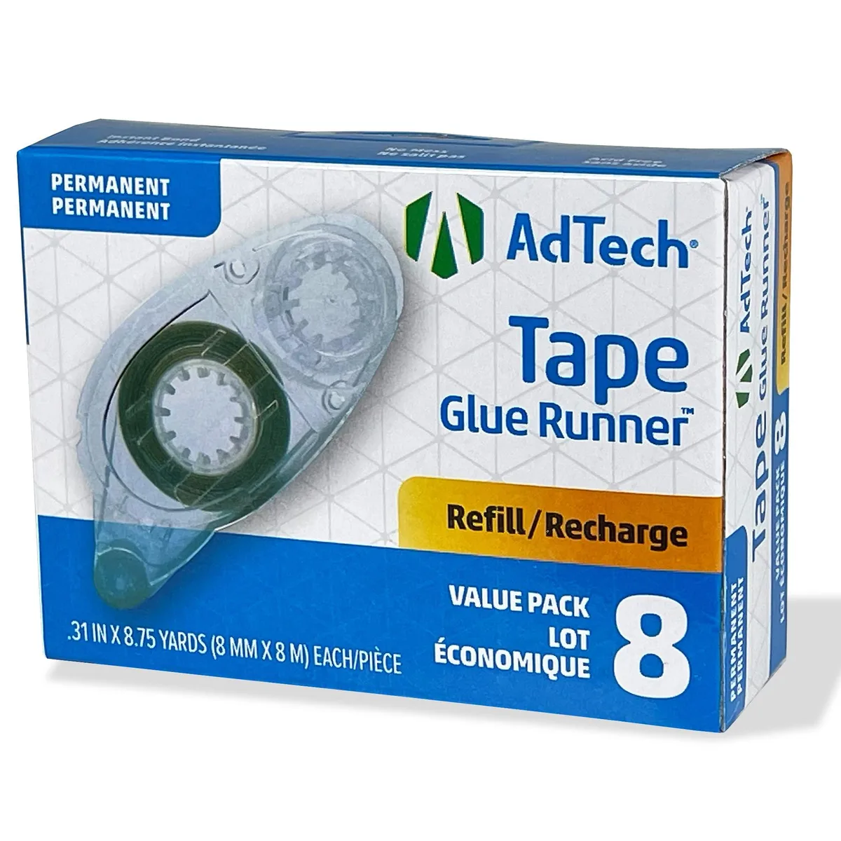 Eight clear double-sided tape refills in plastic cartridges