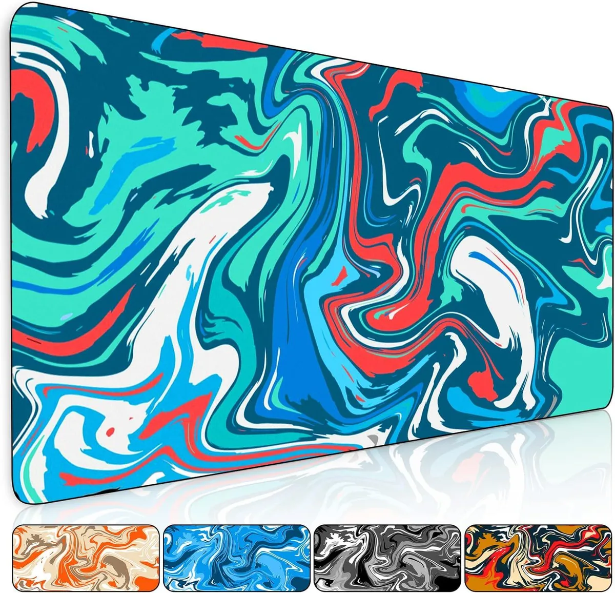 Large rectangular green mouse pad with marbled fluid pattern cloth surface and stitched edges