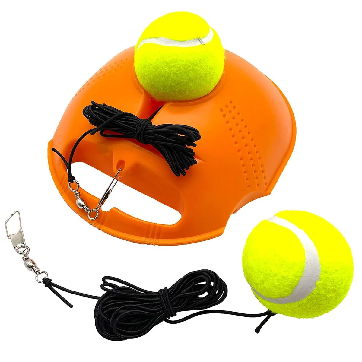 Yellow plastic rebounder base with two tethered tennis balls and elastic cords