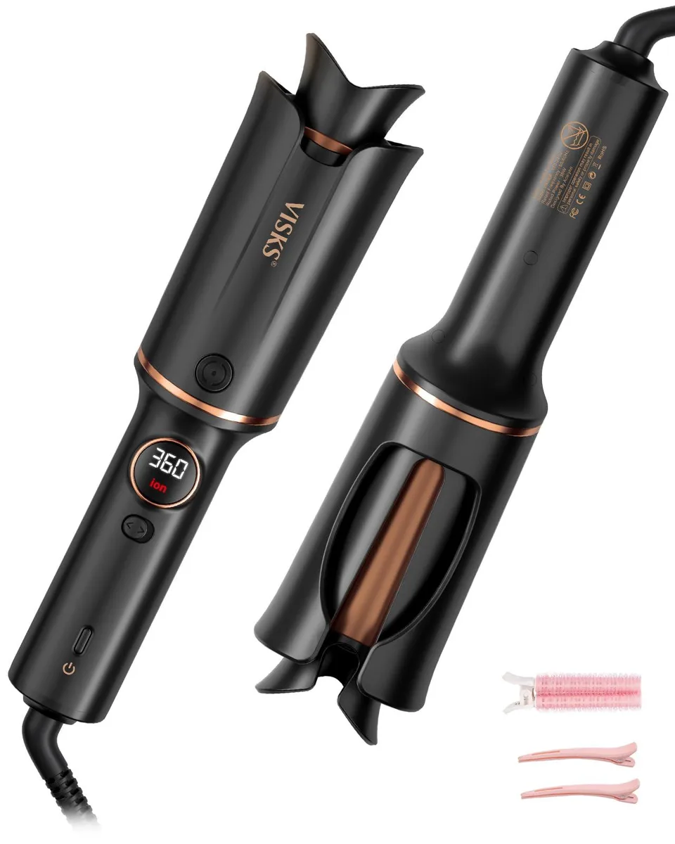 White automatic rotating curling iron with digital display and keratin-coated barrel, 1.25 inch clamp