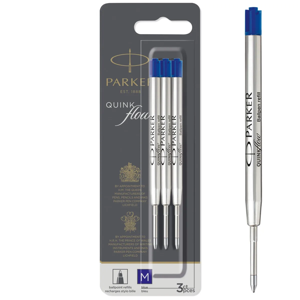 Three slender blue Parker pen refills in a clear blister pack