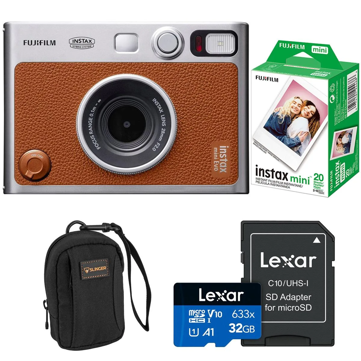 Brown Instax Mini Evo instant camera with LCD screen and dials