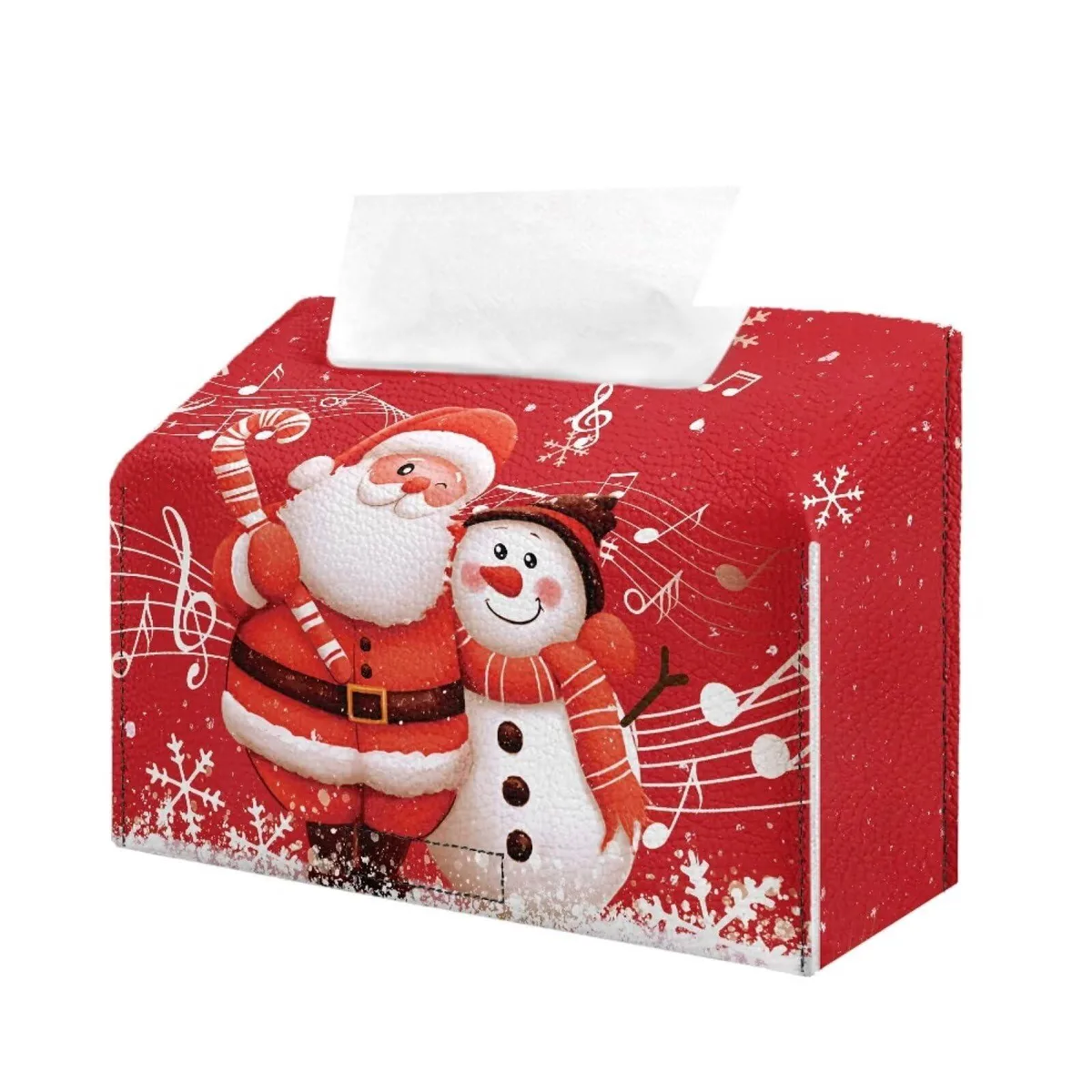 Red Santa Claus tissue box cover in PU leather, trapezoidal shape 4.5 by 9.5 by 3.7 inches