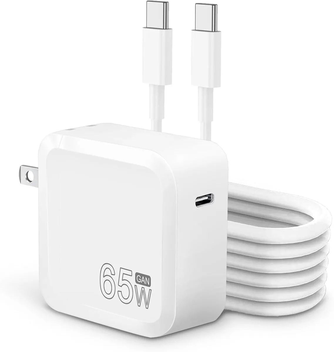 Compact white USB-C GaN charger with foldable prongs and a 5.9 ft dual USB-C cable
