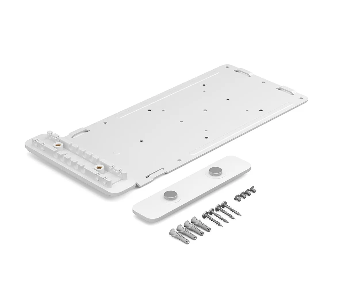 Rectangular steel mounting bracket with integrated cable retention clamp and VESA mounting holes