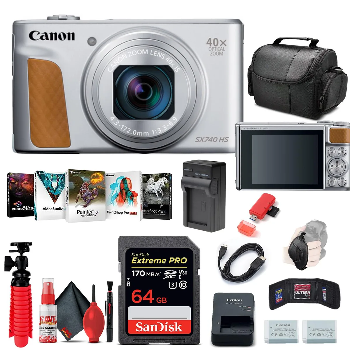 Canon Canon PowerShot SX740 HS Silver 40x Zoom 20.3MP Kit 64GB — product photo