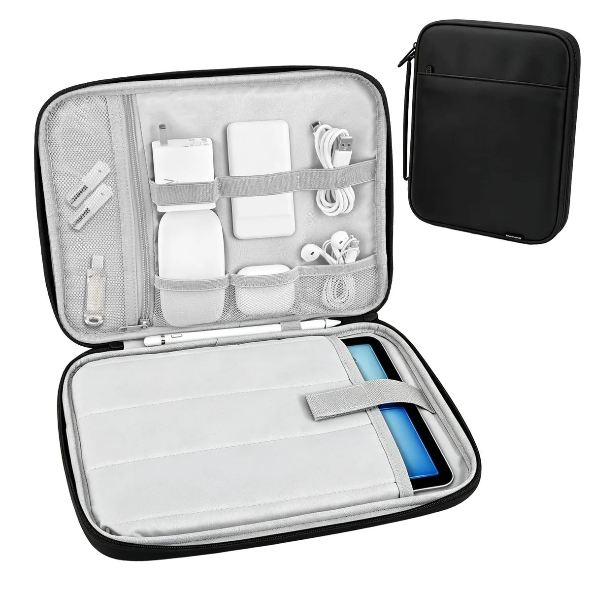 Black padded tablet sleeve with handle and zippered exterior pocket, 12.2 by 9.45 by .98 inches