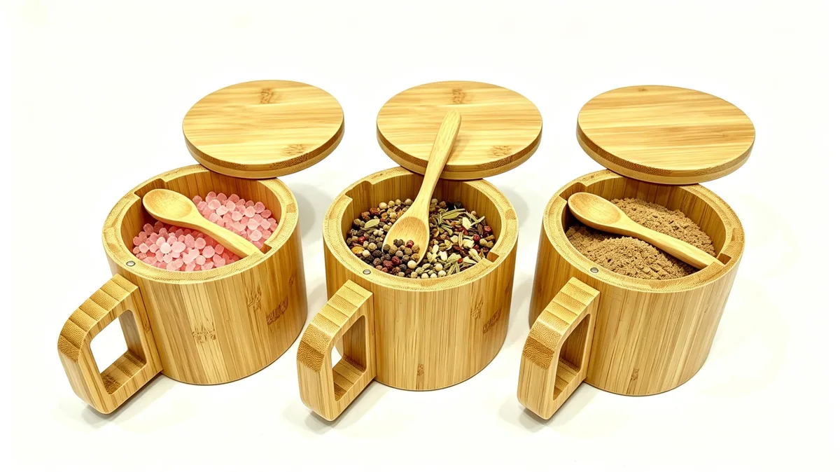 Three natural bamboo salt cellars with magnetic swivel lids integrated spoons and side handles