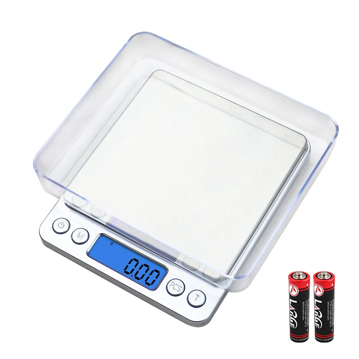 Compact yellow digital scale with stainless steel platform, LCD display and two trays
